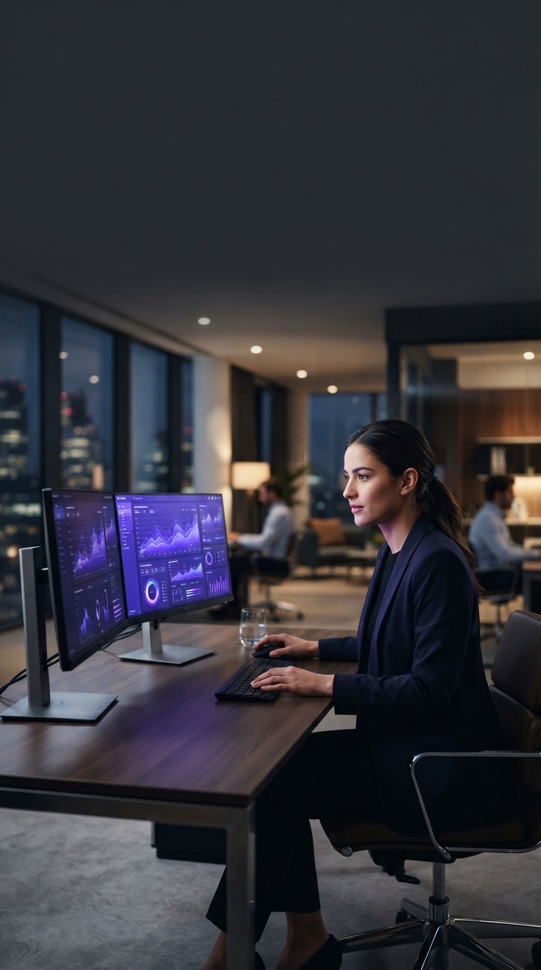 Monitores exibindo gráficos de dados financeiros em um escritório moderno.