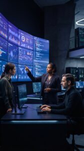 Profissionais de tecnologia em uma sala de controle observando telas.