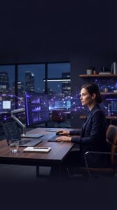 Cenário de escritório corporativo com gráficos digitais de performance.