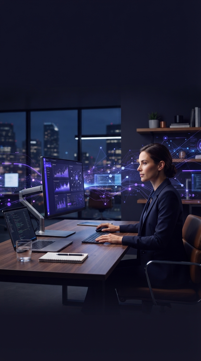 Cenário de escritório corporativo com gráficos digitais de performance.