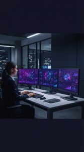 Escritório corporativo moderno com telas de visualização de dados.