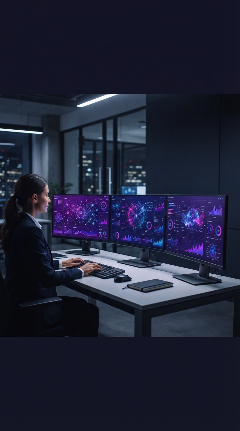 Escritório corporativo moderno com telas de visualização de dados.