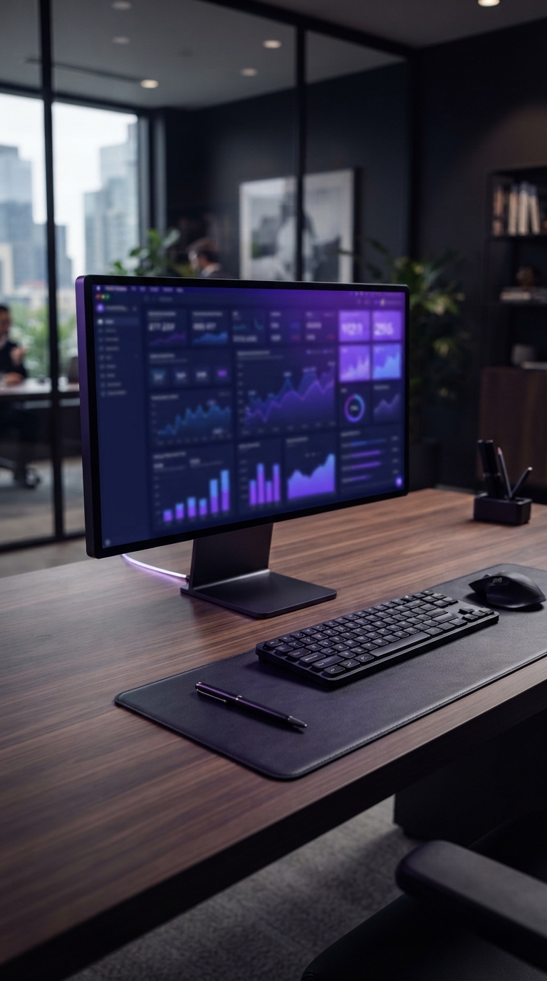 Espaço de trabalho corporativo moderno com monitor desfocado ao fundo.