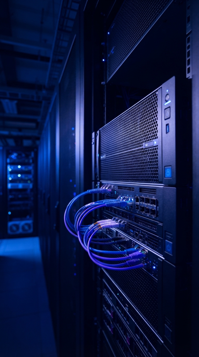 Servidor de alta performance em data center moderno representando infraestrutura tecnológica.