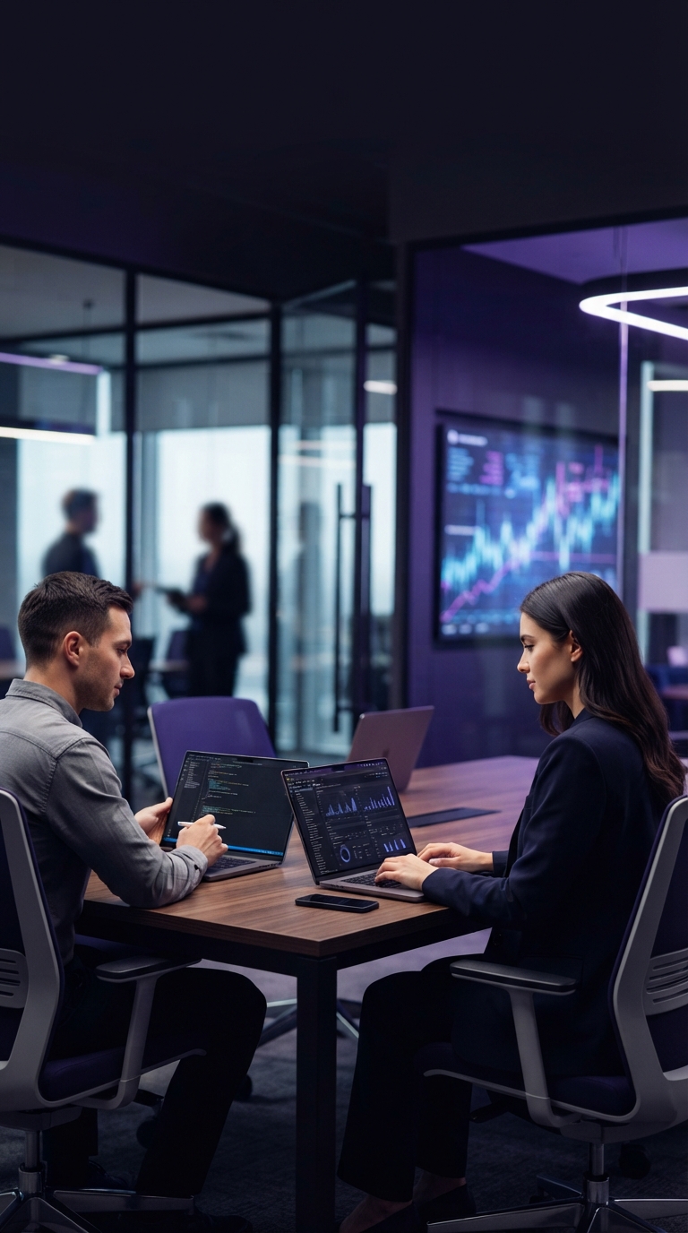 Ambiente de escritório corporativo moderno e tecnológico.