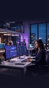 Ambiente de escritório moderno com computadores e foco em tecnologia.