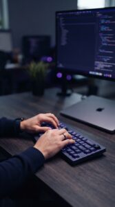 Mãos digitando em teclado de computador em um ambiente de escritório moderno