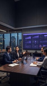 Sala de reunião moderna com painéis de dados ao fundo