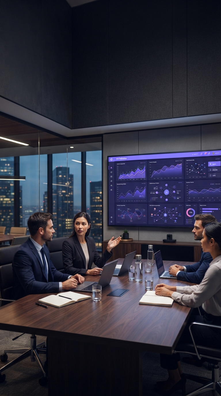 Sala de reunião moderna com painéis de dados ao fundo