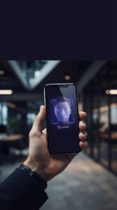Smartphone sendo desbloqueado por biometria facial.