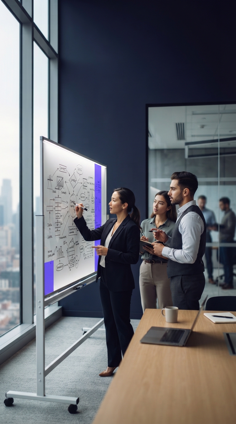 Equipe de negócios reunida em uma sala de escritório discutindo estratégias em um quadro branco.