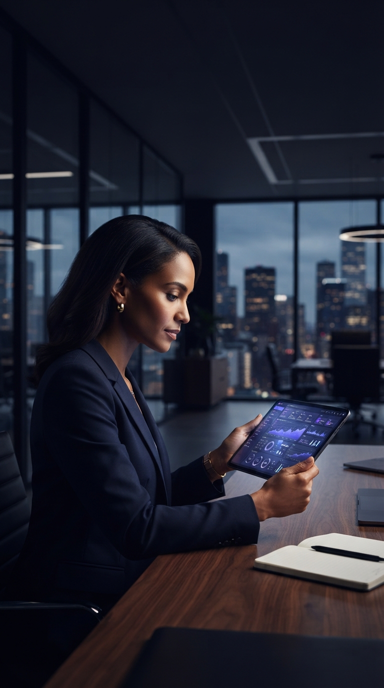 Executivo analisando painel digital em escritório moderno.