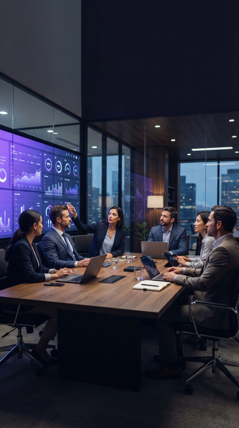 Executivos reunidos discutindo métricas de desempenho em um ambiente corporativo moderno.