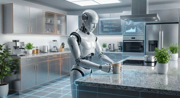 Robô humanoide branco segurando uma caneca em uma cozinha moderna com sobreposições digitais de dados
